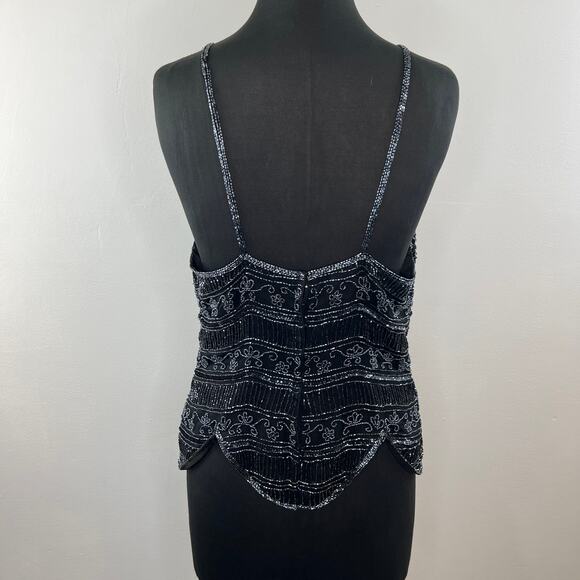 VINTAGE Stenay Black Gray Beaded Silk High Neck Tank Sparkle Scalloped VTG XL - Picture 6 of 8